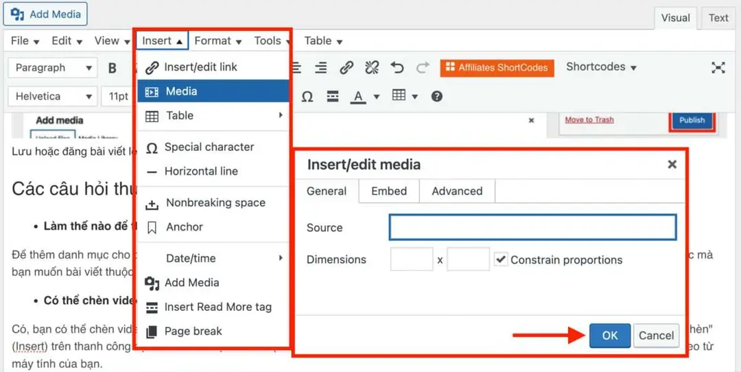 có thể chèn video vào bài viết không?