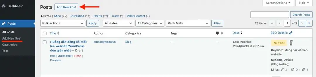 tạo bài viết mới trên wordpress