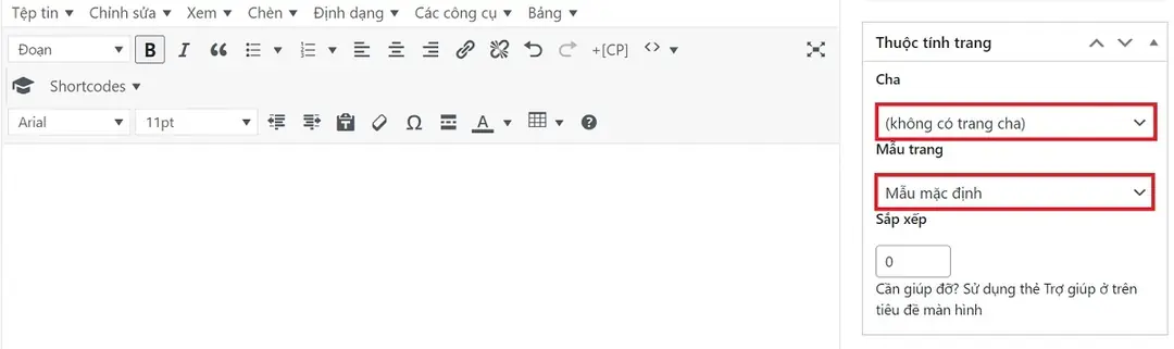 chọn trang cha và mẫu trang cho page wordpress
