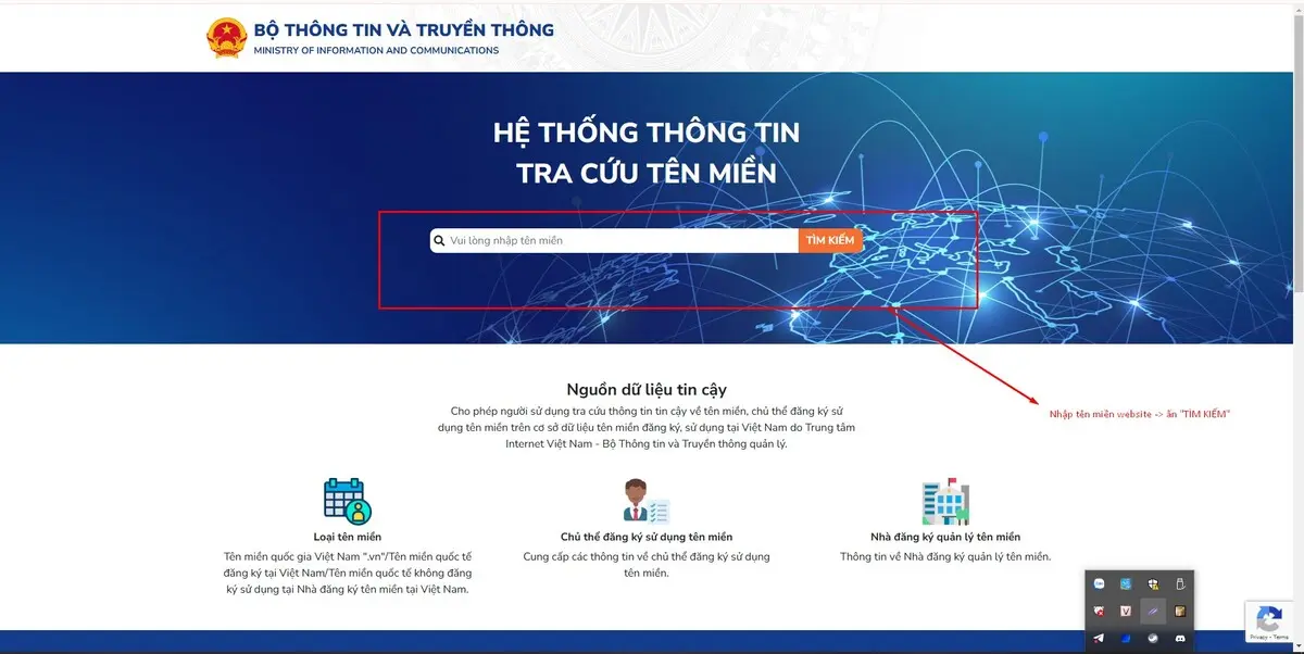 truy cập và nhập tên website, ấn nút tìm kiếm