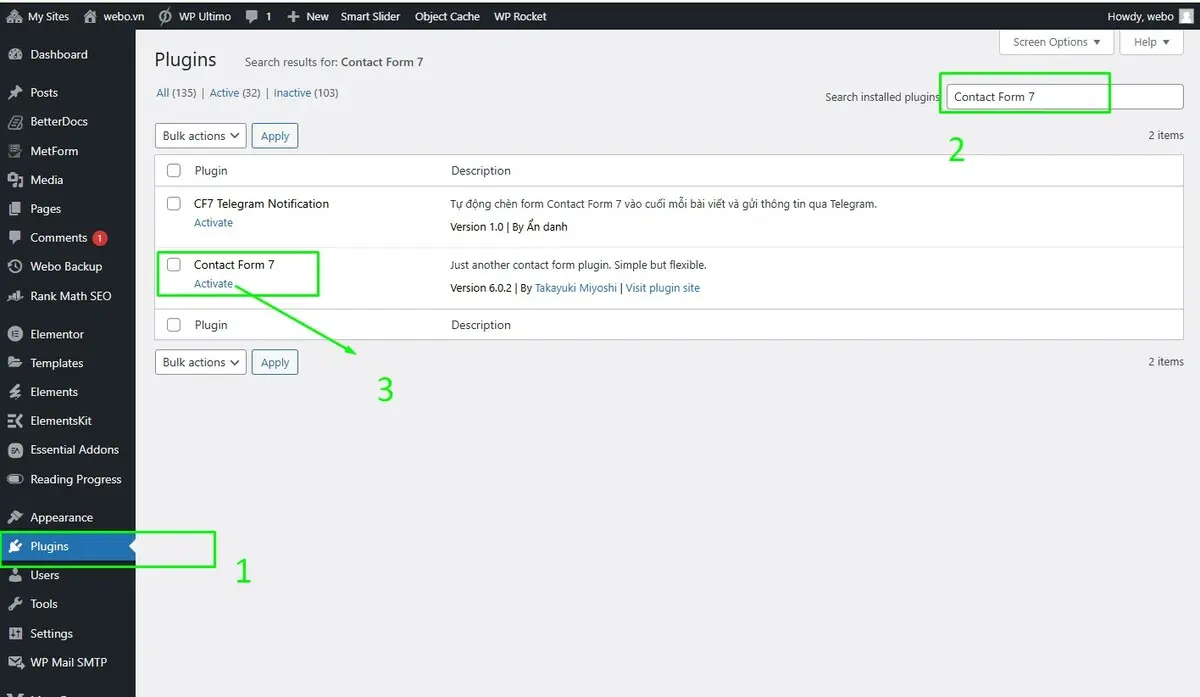 cài đặt và kích hoạt plugin contact form 7