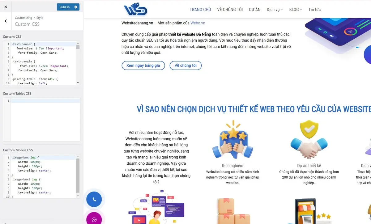 cách sử dụng customizer trong wordpress để tùy chỉnh giao diện trang web bằng mã css