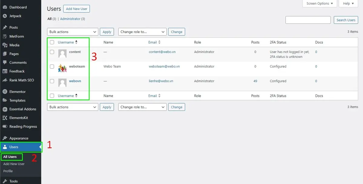 hướng dẫn xem tất cả user trong wordpress