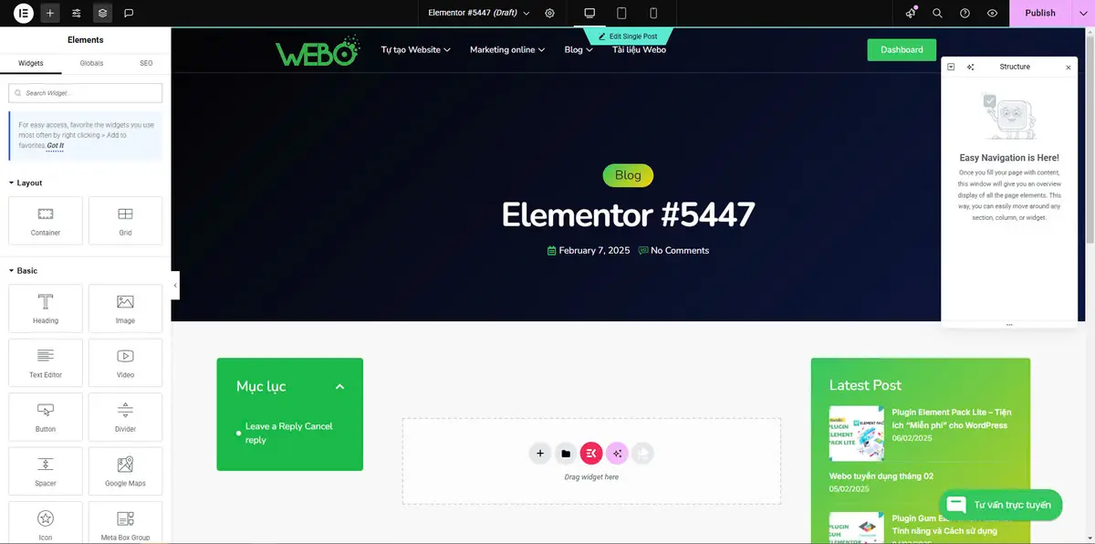 khởi động trình chỉnh sửa elementor