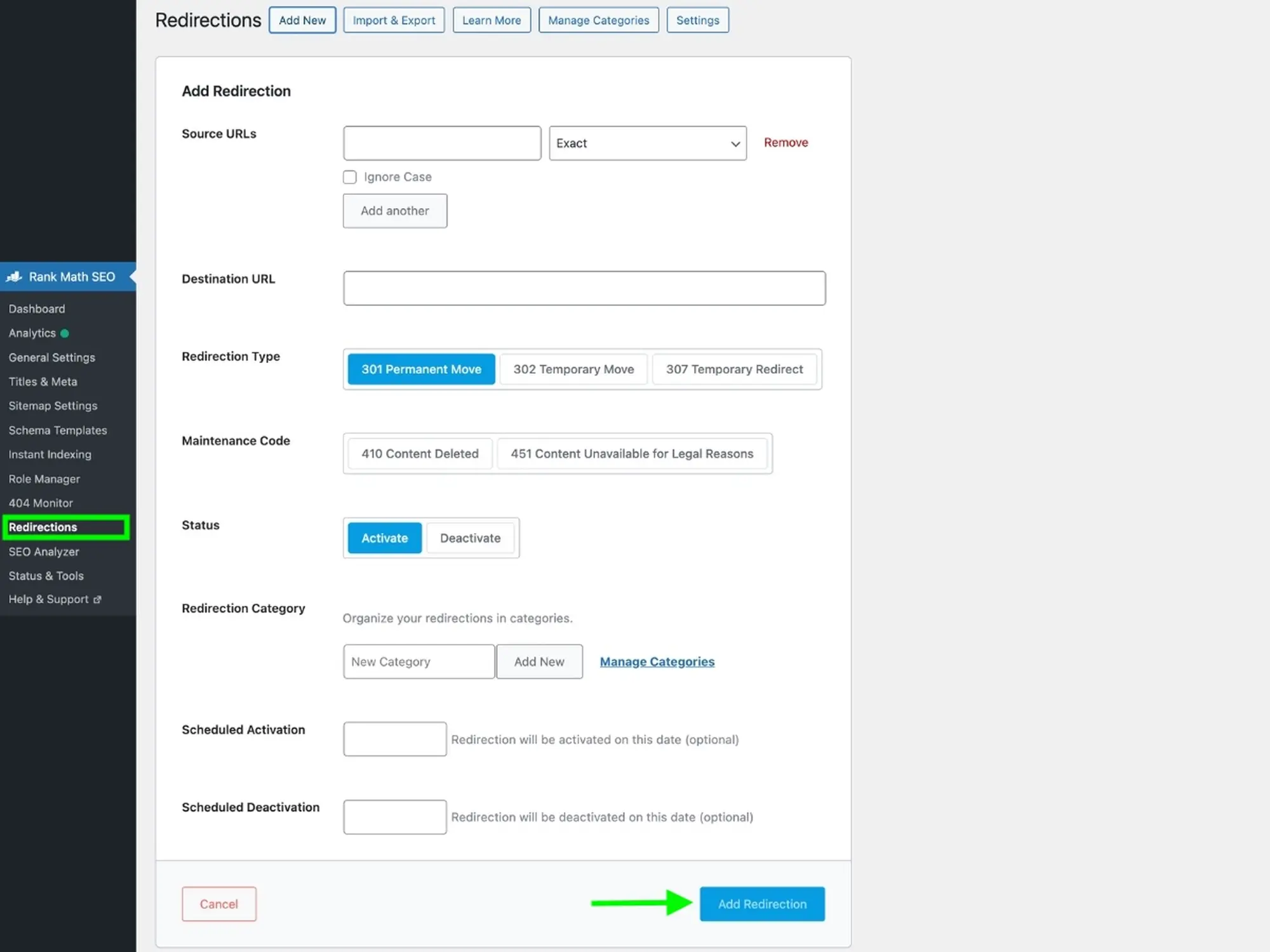 tạo redirect trong rankmath