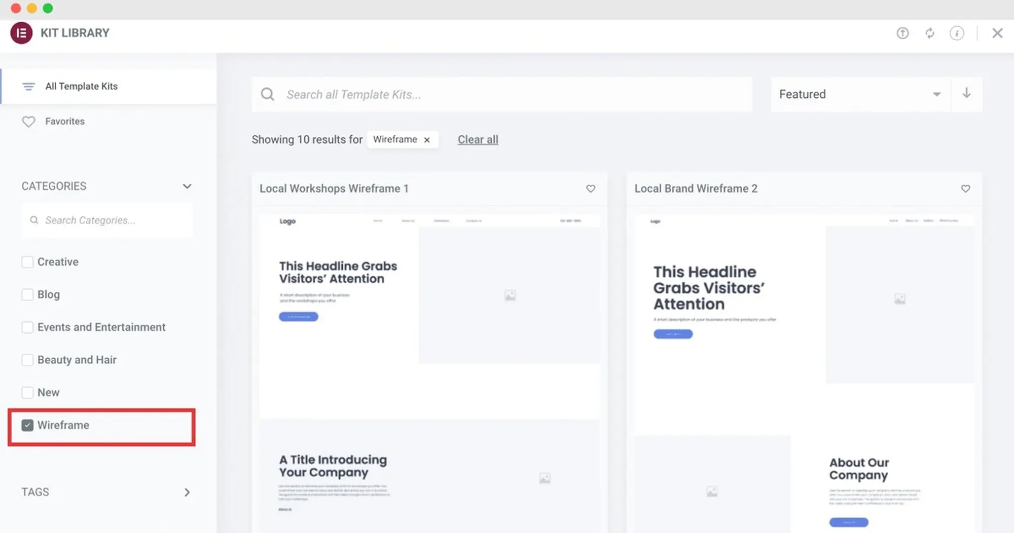 trong mục danh mục , hãy chọn "khung dây" (wireframes)