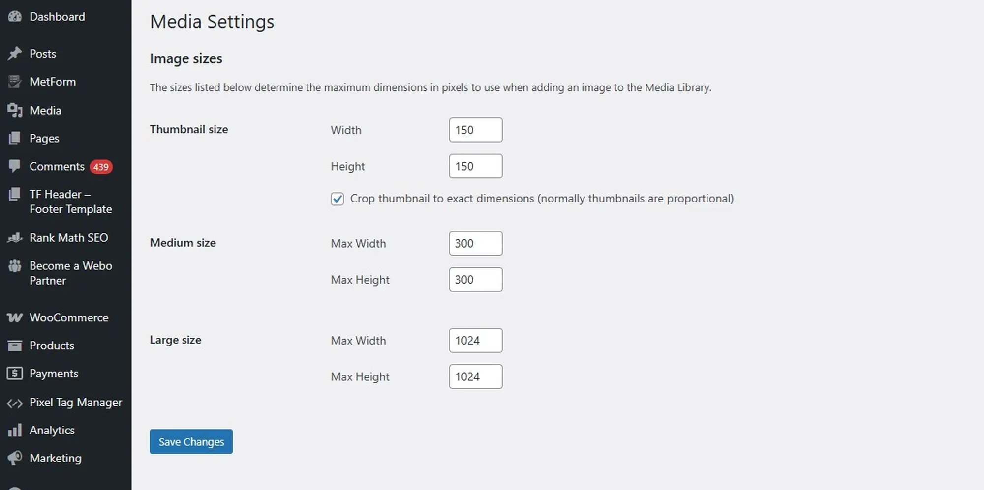 kích thước hình ảnh wordpress