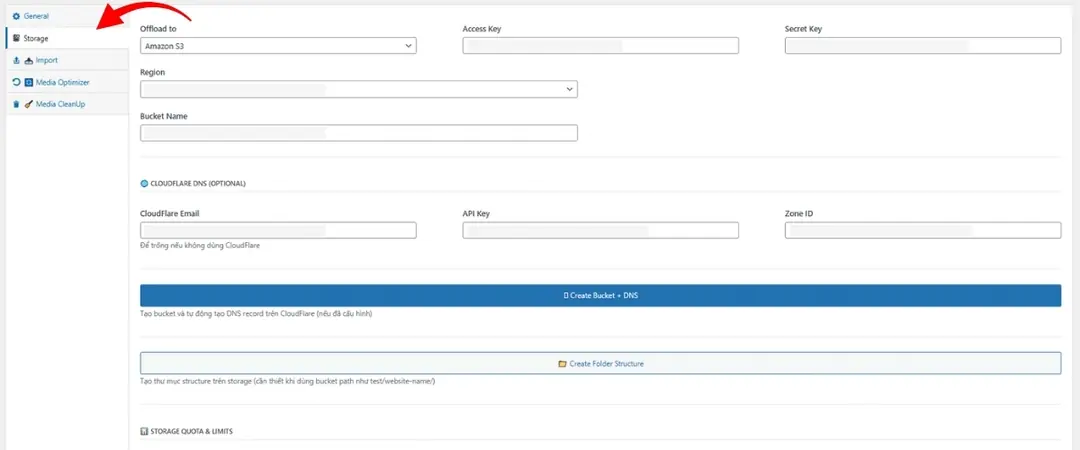trong phần cài đặt của plugin, nhập access key và secret key
