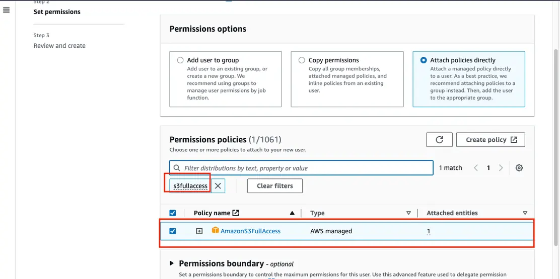 chọn chính sách quyền truy cập cho người dùng