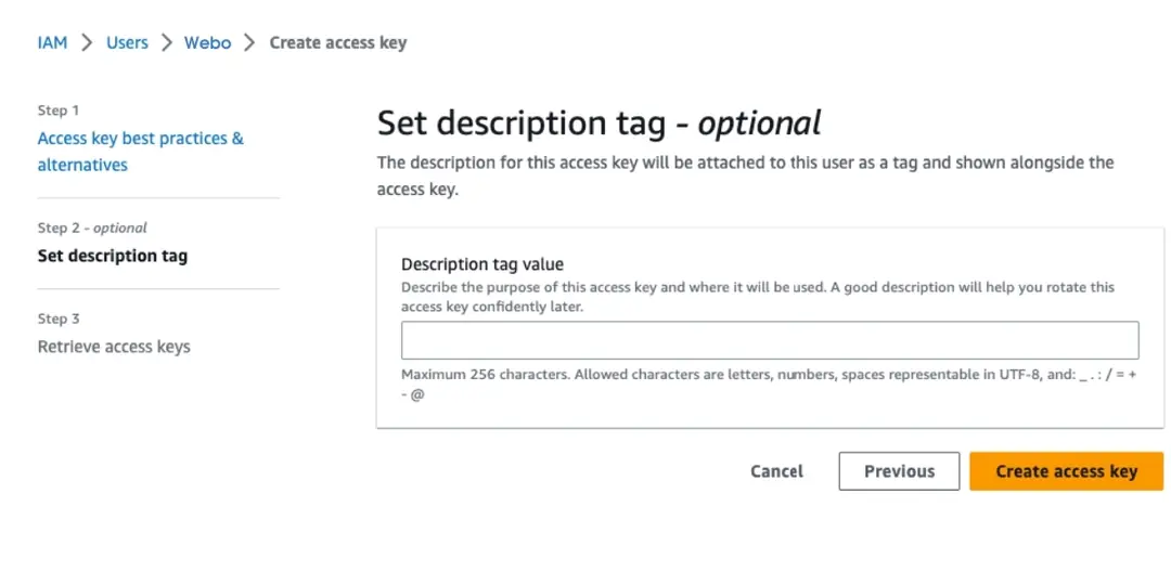 đặt description tag tại đây và nhấp vào create access key