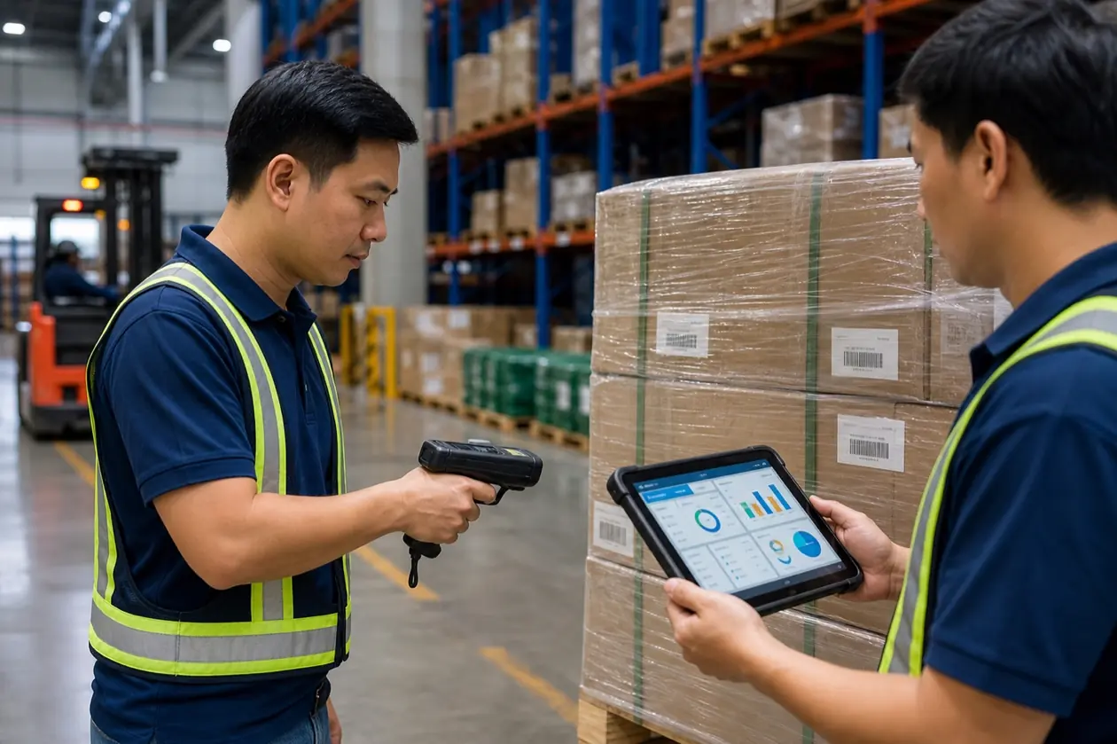 nhân viên kho quét mã kiện hàng và đồng bộ dữ liệu với erp logistics