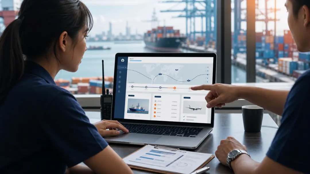 Nhân viên forwarder theo dõi lô hàng trên tracking portal