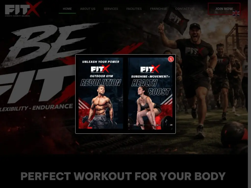 trang chủ website fitx outdoor gym với thông điệp phòng tập ngoài trời tại đà nẵng