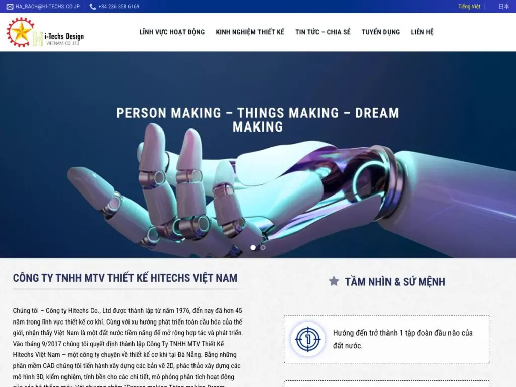 ảnh chụp trang chủ hdv với nhận diện hi-techs design và thông điệp person making things making dream making