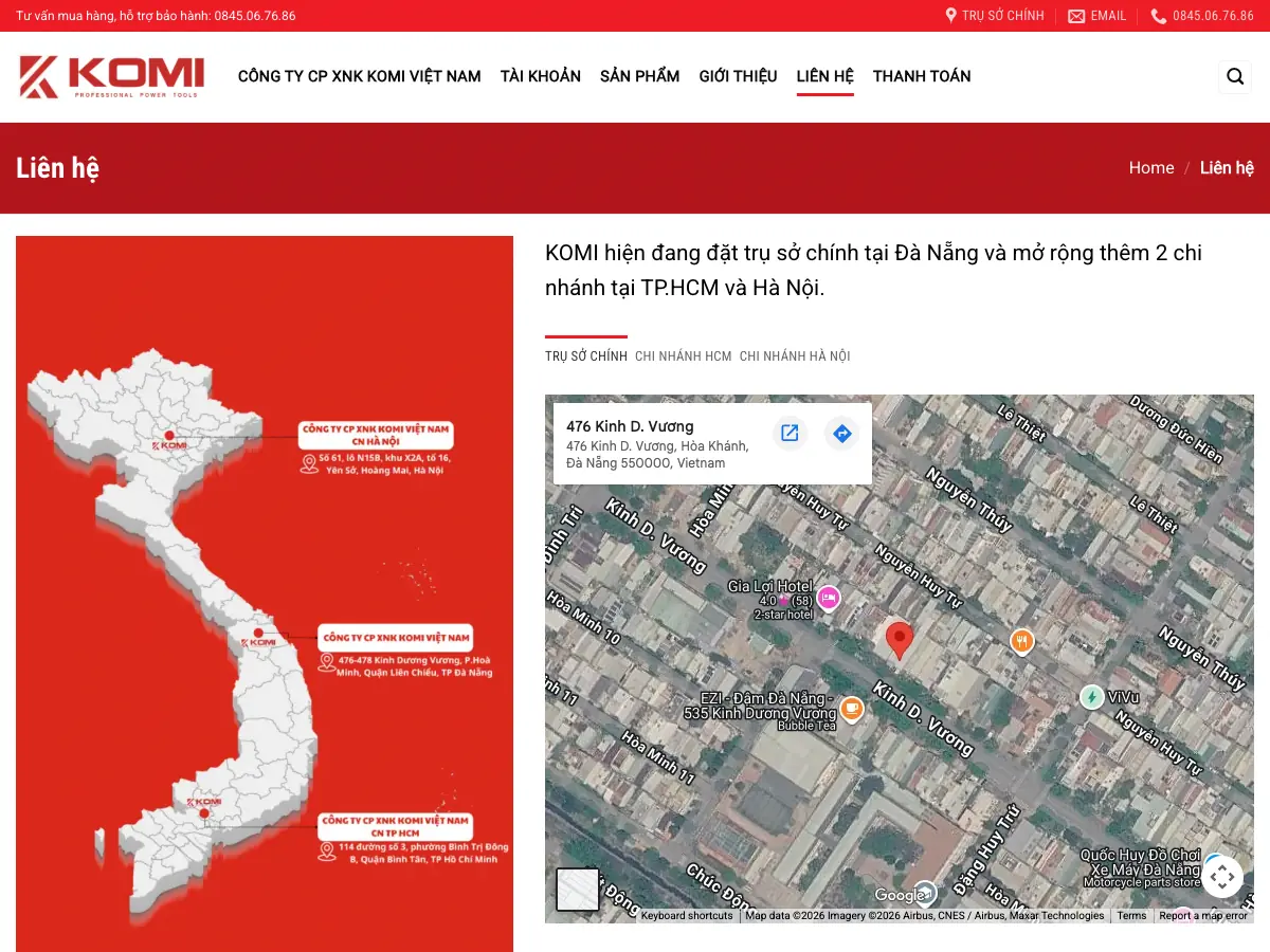 trang liên hệ website komi việt nam với bản đồ chi nhánh