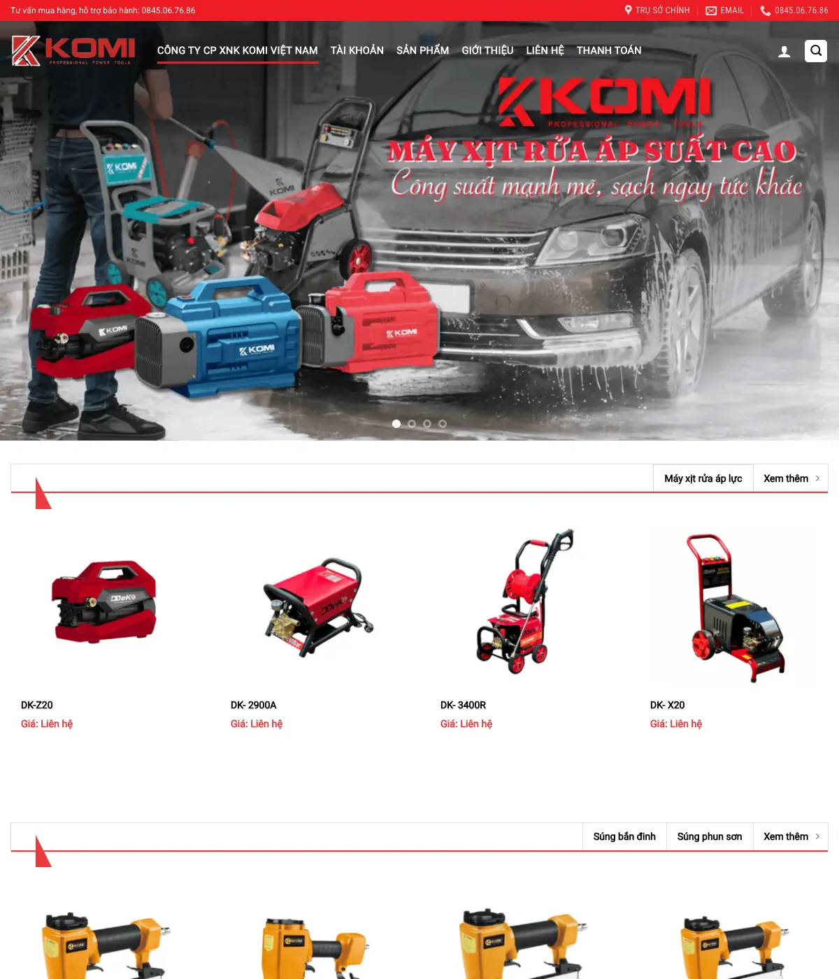 trang chủ website komi việt nam với banner sản phẩm và danh mục nổi bật